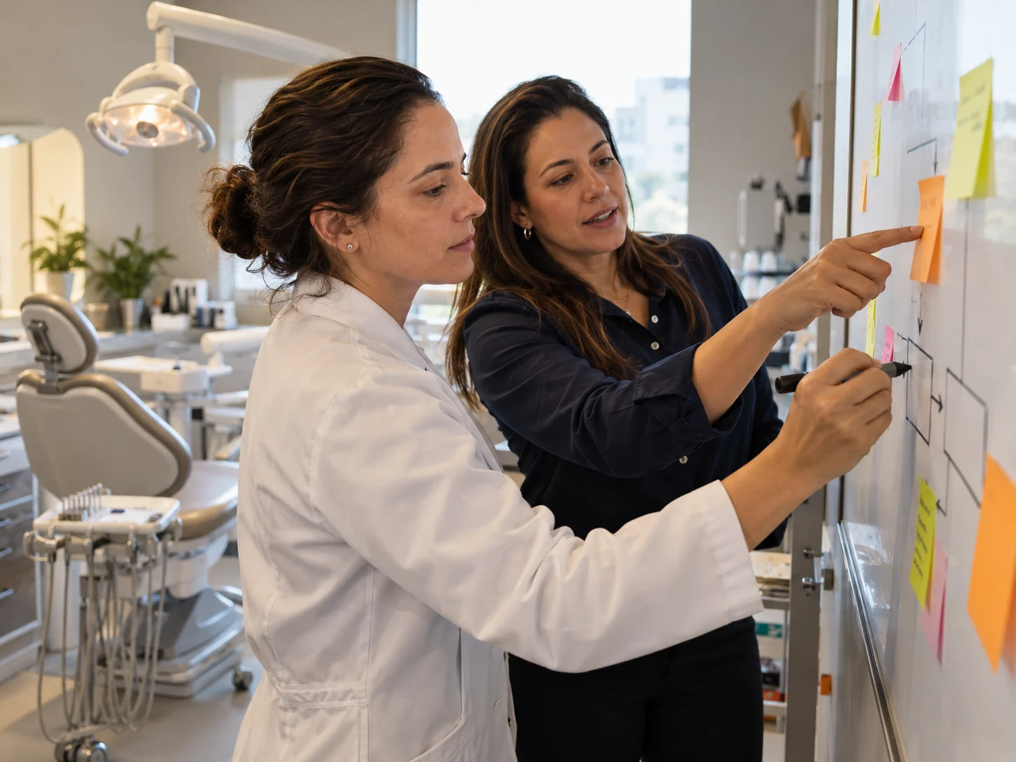 Dentista e gestora organizando fluxos de processos em um quadro no consultório odontológico