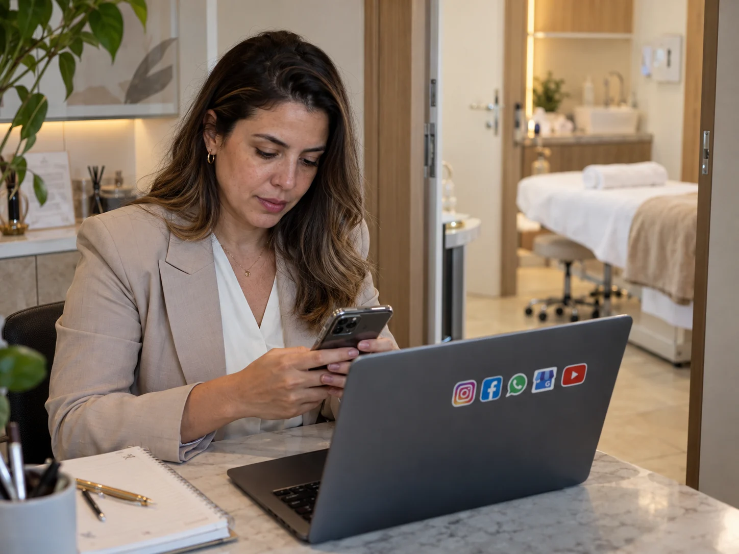 Gestora de clínica estética usando celular e notebook com ícones de plataformas digitais